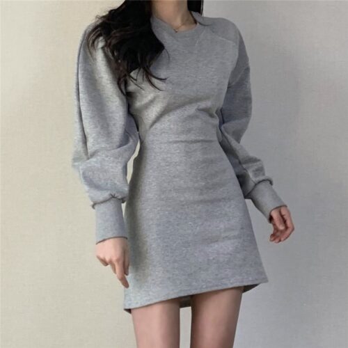 Autumn O-Neck Long Sleeves Solid Backless Minimalist Mini Dress - Image 3
