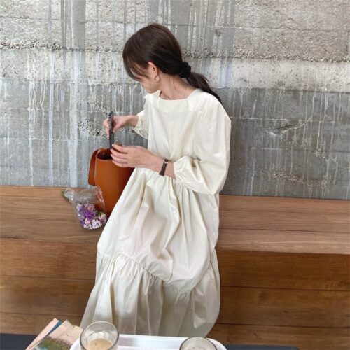 Spring / Autumn Square Collar Long Lantern Sleeves Loose Solid Midi Dress - Image 4