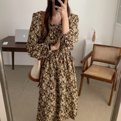 Autumn Square Collar Lantern Sleeves Floral Print Midi Dress - Image 5