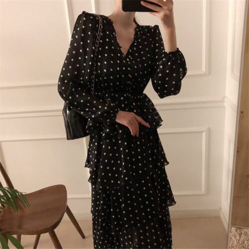 Autumn V-Neck Long Sleeves Satin Polka Dots Multi-Layers Midi Dress - Image 2