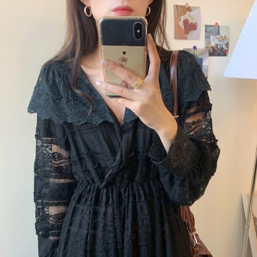 Spring V-Neck Long Sleeves Long Lace Midi Dress - Image 6