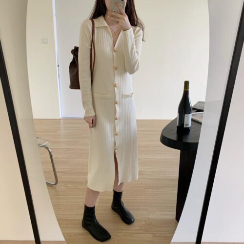 Autumn Turn-Down Collar Soft Slim Solid Long Knitted Dress - Image 4