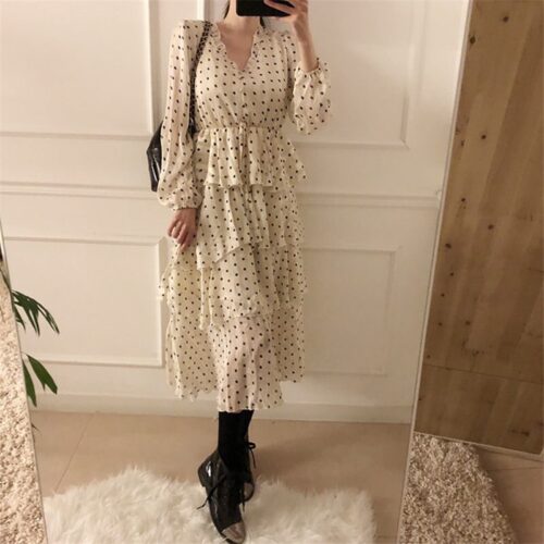 Autumn V-Neck Long Sleeves Satin Polka Dots Multi-Layers Midi Dress - Image 3
