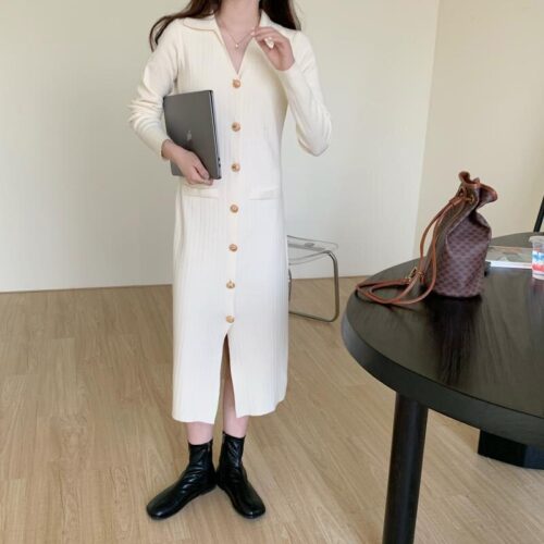 Autumn Turn-Down Collar Soft Slim Solid Long Knitted Dress - Image 3