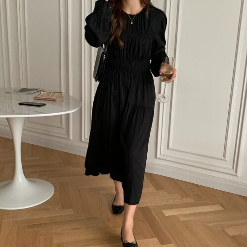 Autumn Korean O-Neck Long Sleeves Minimalist Solid Midi Dress - Image 7