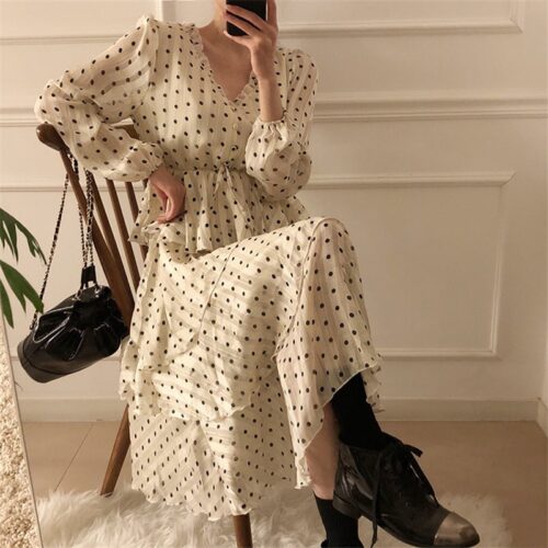 V-Neck Long Sleeves Satin Polka Dots Multi-Layers Midi Dress