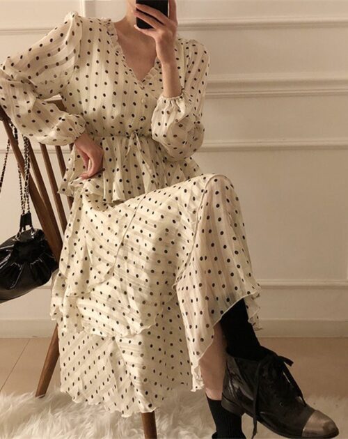 V-Neck Long Sleeves Satin Polka Dots Multi-Layers Midi Dress