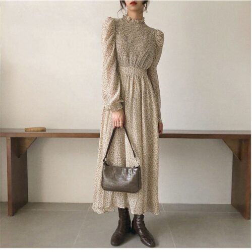 Autumn Stand Collar Long Sleeves Waist-Controlled Floral Print Maxi Dress - Image 7