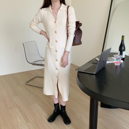 Autumn Turn-Down Collar Soft Slim Solid Long Knitted Dress - Image 6
