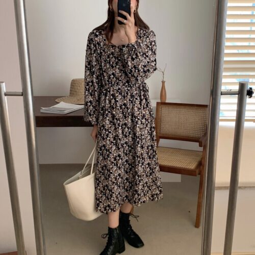 Autumn Square Collar Lantern Sleeves Floral Print Midi Dress - Image 8