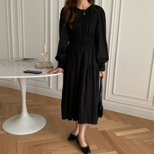 Autumn Korean O-Neck Long Sleeves Minimalist Solid Midi Dress - Image 6