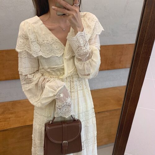 Spring V-Neck Long Sleeves Long Lace Midi Dress - Image 3