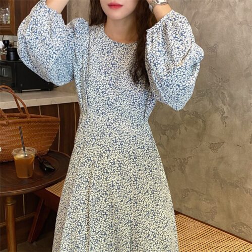 Autumn O-Neck Lantern Long Sleeves Floral Print Midi Dress - Image 7