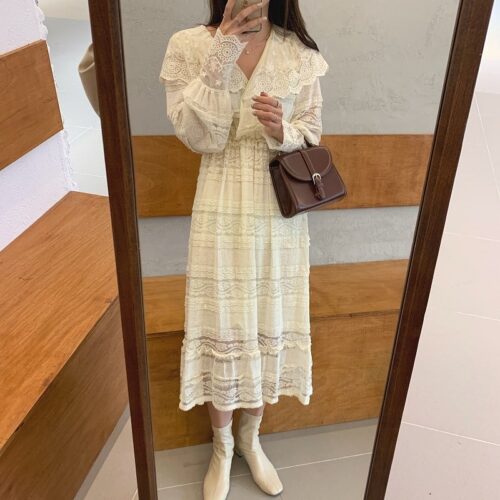 Spring V-Neck Long Sleeves Long Lace Midi Dress