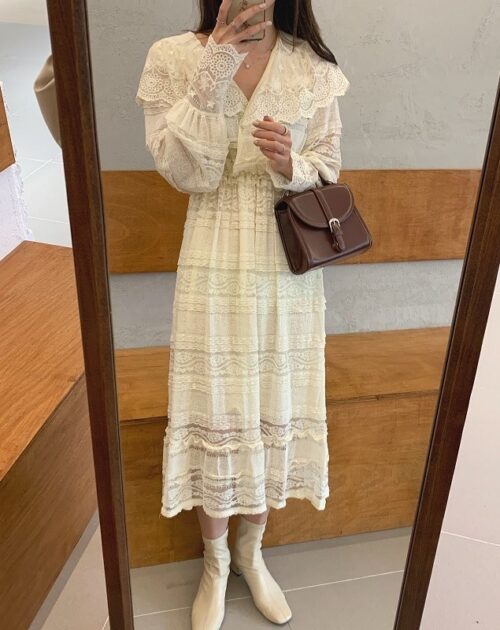 Spring V-Neck Long Sleeves Long Lace Midi Dress