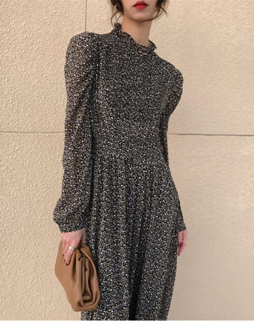 Long Sleeves Waist-Controlled Floral Print Maxi Dress