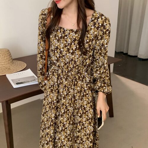 Autumn Square Collar Lantern Sleeves Floral Print Midi Dress - Image 6