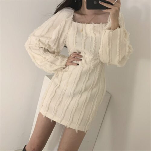 Autumn Square Collar Puff Sleeves Tassel Solid Mini Dress - Image 5