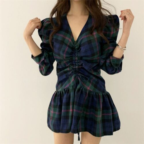 Autumn V-Neck Puff Sleeves Waist-Controlled Plaid Drawstrings Mini Dress - Image 4