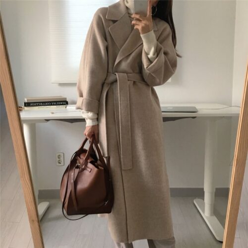 Winter Notched Collar Solid Woolen Overcoat with Belt - Image 3