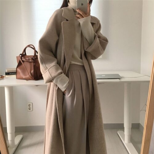 Winter Notched Collar Solid Woolen Overcoat with Belt - Image 5