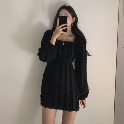 Autumn Square Collar Puff Sleeves Tassel Solid Mini Dress - Image 6