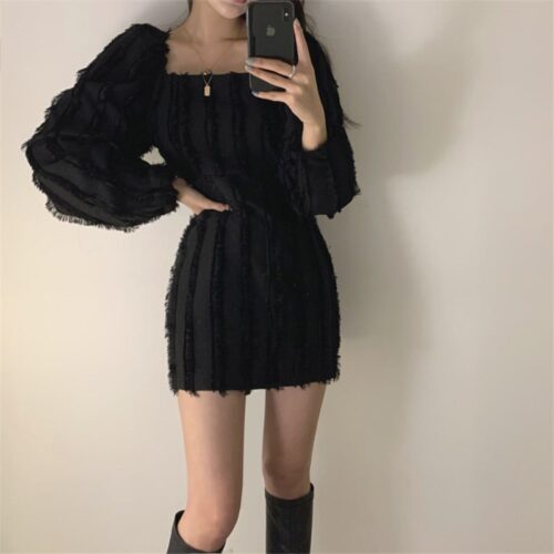 Autumn Square Collar Puff Sleeves Tassel Solid Mini Dress - Image 7