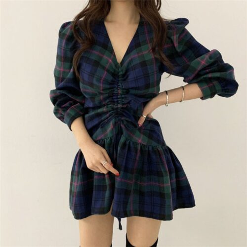 Autumn V-Neck Puff Sleeves Waist-Controlled Plaid Drawstrings Mini Dress - Image 5