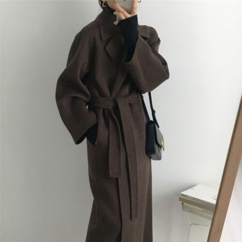 Winter Notched Collar Solid Woolen Overcoat with Belt - Image 2