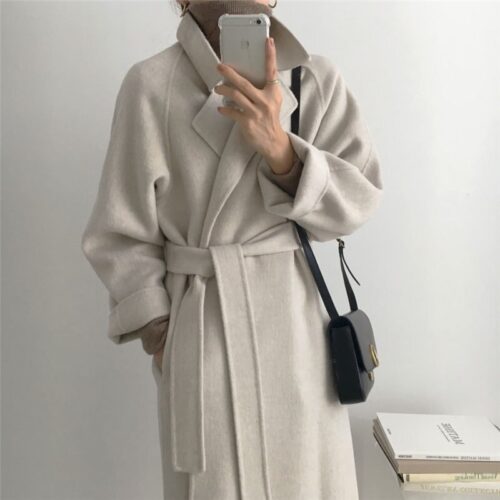 Winter Notched Collar Solid Woolen Overcoat with Belt - Image 4