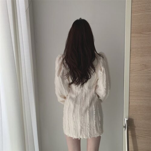 Autumn Square Collar Puff Sleeves Tassel Solid Mini Dress - Image 4