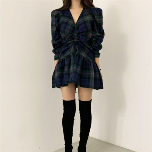 Autumn V-Neck Puff Sleeves Waist-Controlled Plaid Drawstrings Mini Dress - Image 2