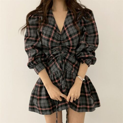 Autumn V-Neck Puff Sleeves Waist-Controlled Plaid Drawstrings Mini Dress - Image 3