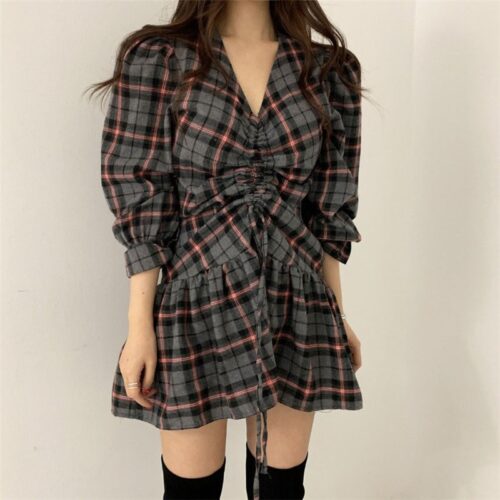 Puff Sleeves Waist-Controlled Plaid Drawstrings Mini Dress