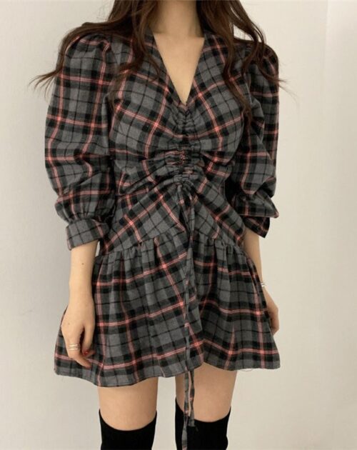 Puff Sleeves Waist-Controlled Plaid Drawstrings Mini Dress