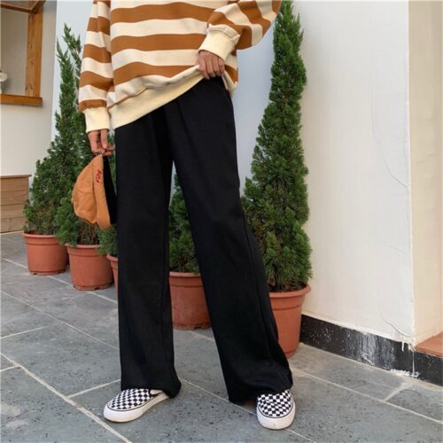 Autumn / Winter High Waist Elastic Broadcloth Straight Solid Pants - Image 6