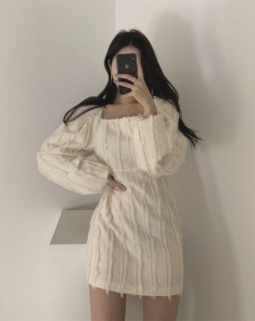 Autumn Square Collar Puff Sleeves Tassel Solid Mini Dress