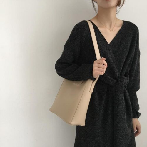 Winter Korean V-Neck Long Sleeves Knitted Dress - Image 2