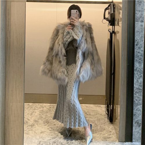 Autumn / Winter O-Neck Loose Grey Jumper and Knitted Maxi Skirt - Image 4