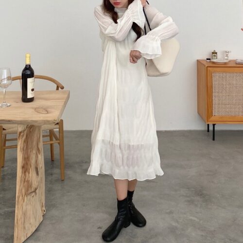Autumn Korean O-Neck Flare Long Sleeves Chiffon Pleated Midi Dress - Image 3