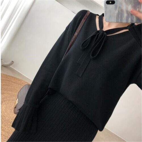 Autumn/Winter V-Neck Flare Sleeves Jumper and A-Line Midi Skirt - Image 6