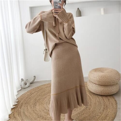 Autumn/Winter V-Neck Flare Sleeves Jumper and A-Line Midi Skirt - Image 5