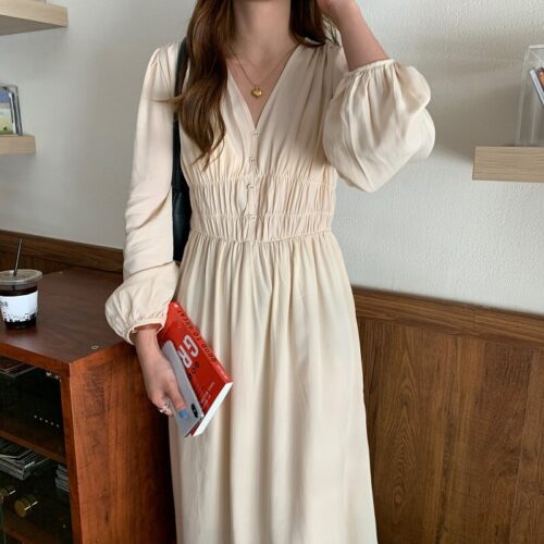 Autumn V-neck Long Sleeves Pleated Waist-Controlled Solid Loose Dress - Image 2