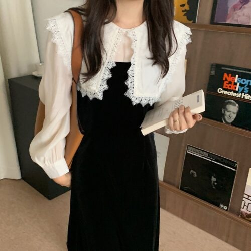 Autumn / Winter Puritan Lace Collar Long Sleeves Velvet Patchwork Midi Dress - Image 3