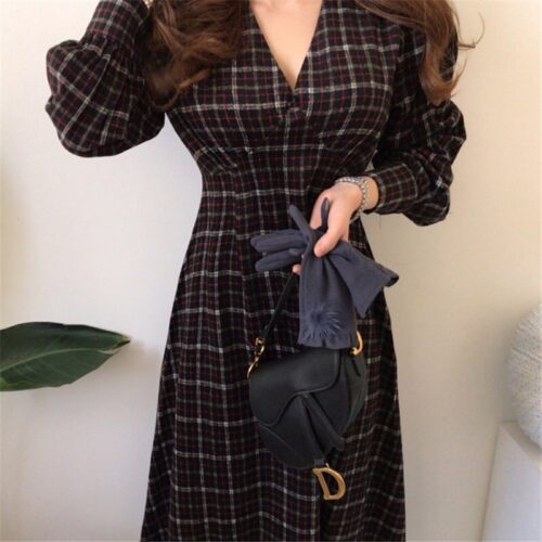 Autumn V-Neck Puff Sleeves Slim Plaid Midi Dress - Image 5