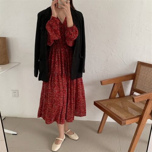 Autumn V-Neck Lantern Sleeves Waist-Controlled Floral Print Midi Dress - Image 3