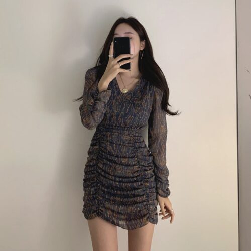 Autumn V-Neck Long Sleeves Chiffon Pleated Floral Print Mini Dress - Image 3