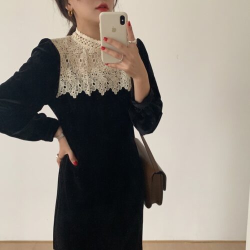Autumn / Winter Korean O-Neck Long Sleeves Lace Patchwork Midi Dress - Image 4