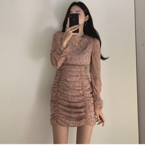 Autumn V-Neck Long Sleeves Chiffon Pleated Floral Print Mini Dress - Image 4