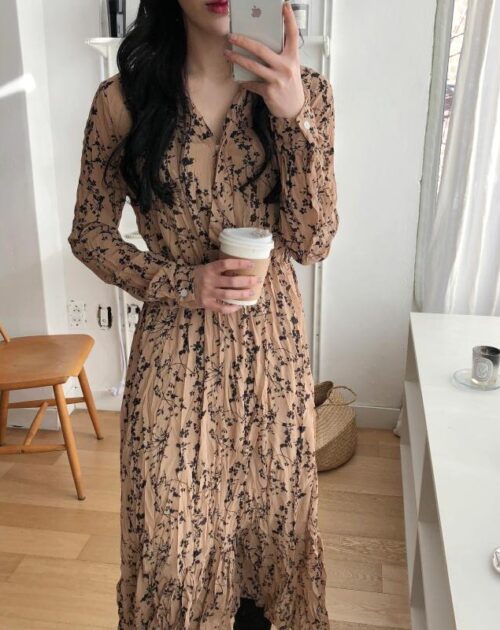 V-Neck Long Sleeves Chiffon Floral Print Midi Dress